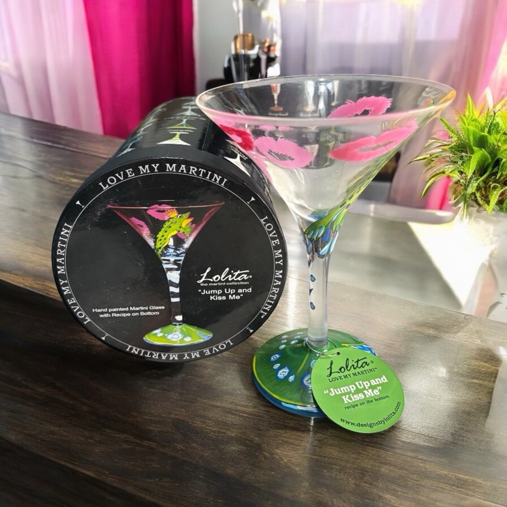 Rare Lolita “Jump Up & Kiss Me” Hand Painted Love My Martini Glass- Recipe On